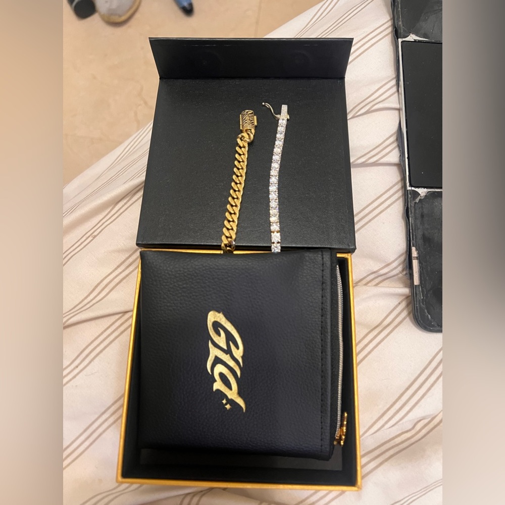 2 GLD 7” bracelets 18k plated gold, tennis, and Cuban link